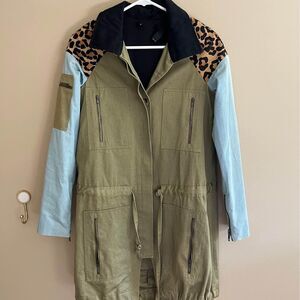 KSubi Green, Denim, & Leopard Leather Jacket / Trench Coat size XS